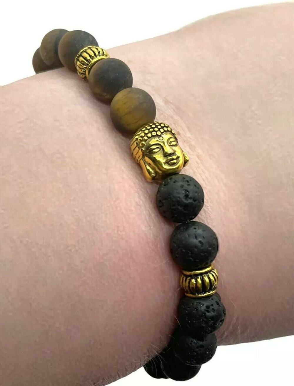 Womens Black Lava Tiger Eye With Buddha Natural Stretch Adjustable Bracelet